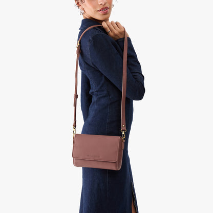 Sunkissed*Mini | Model Wearing Small Leather Crossbody Bag with Magnetic Messenger Bag Closure