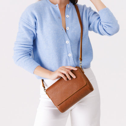 Meadow*Medium | Model Wearing Leather Crossbody Bag with Magnetic Messenger Bag Closure