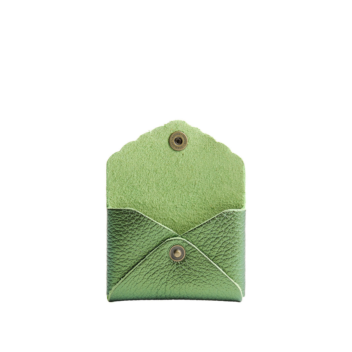 Metallic Greench | Small leather card wallet with scalloped edge open