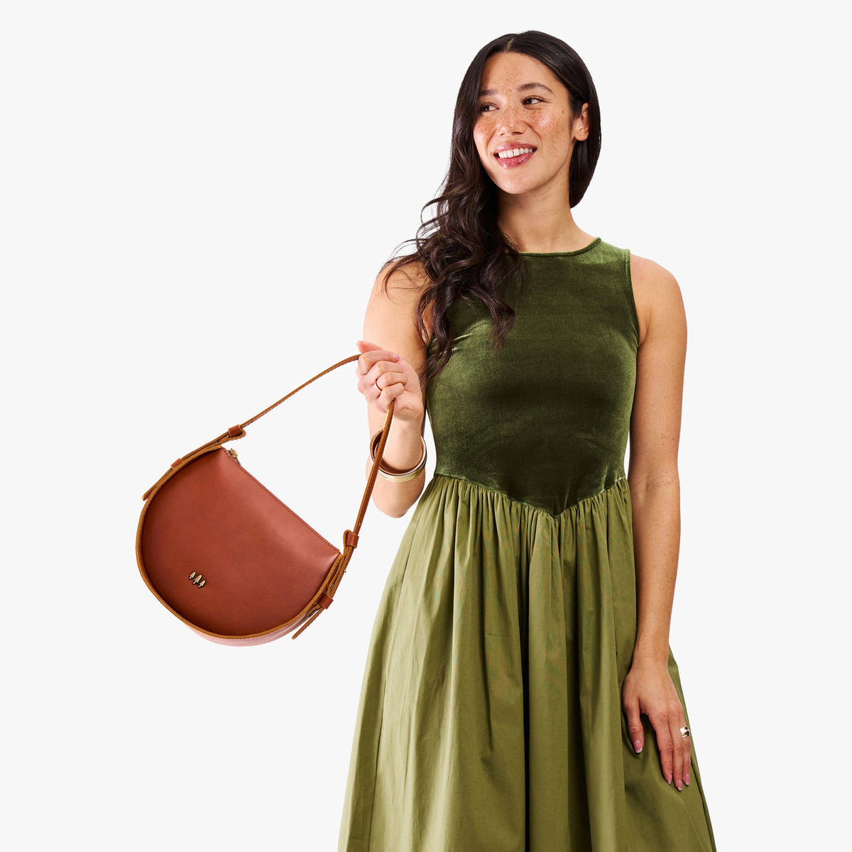 Chestnut | Model wearing a rounded structured shoulder bag