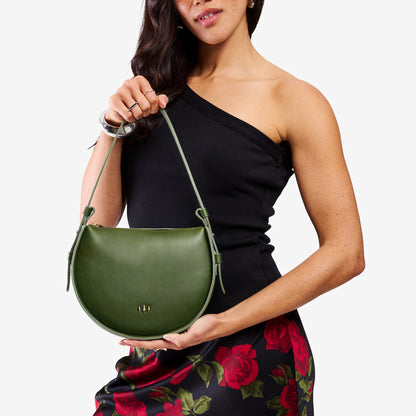 Pine | Model wearing a rounded structured shoulder bag