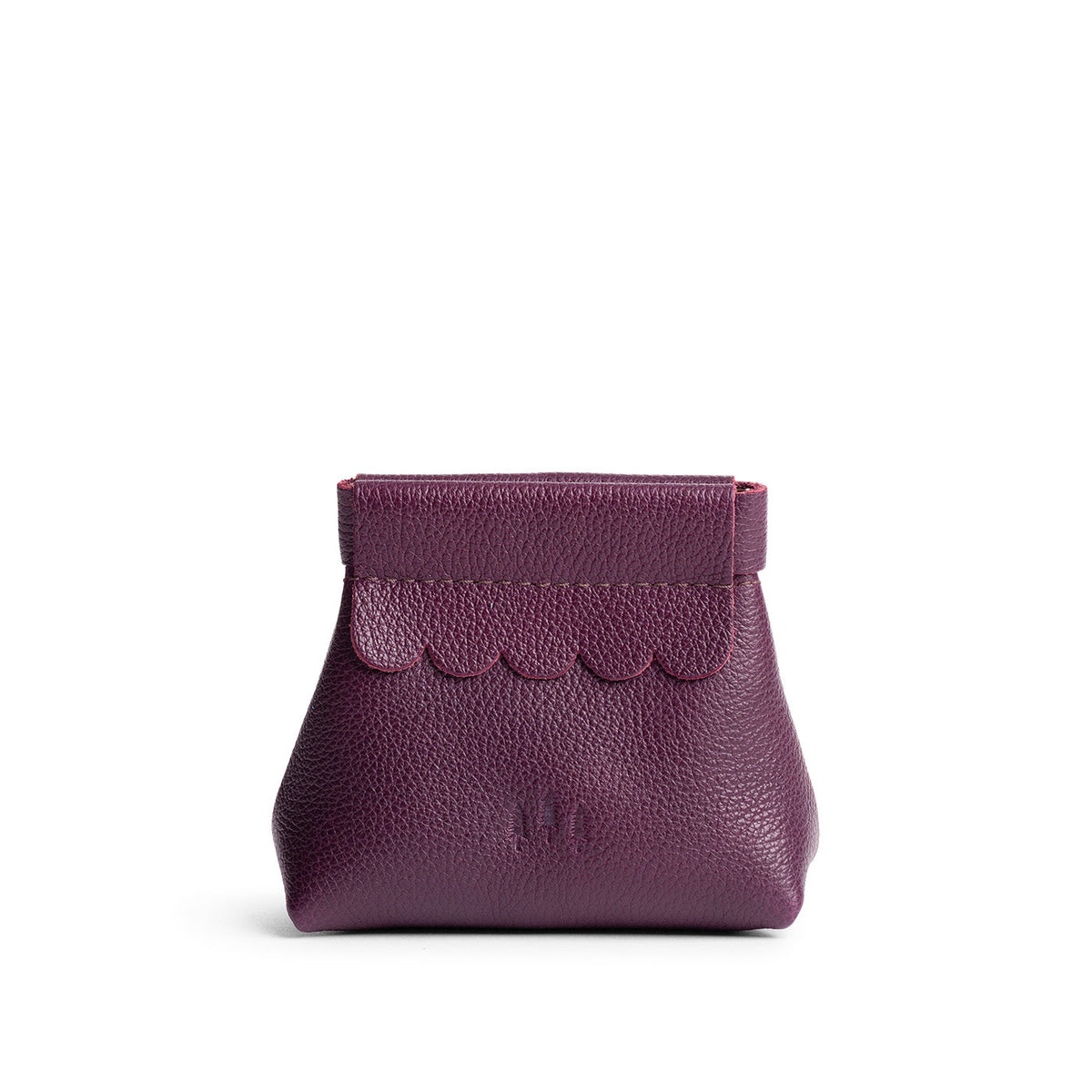 Plum | Leather coin pouch with scalloped edge and three Portland leather tree emblems