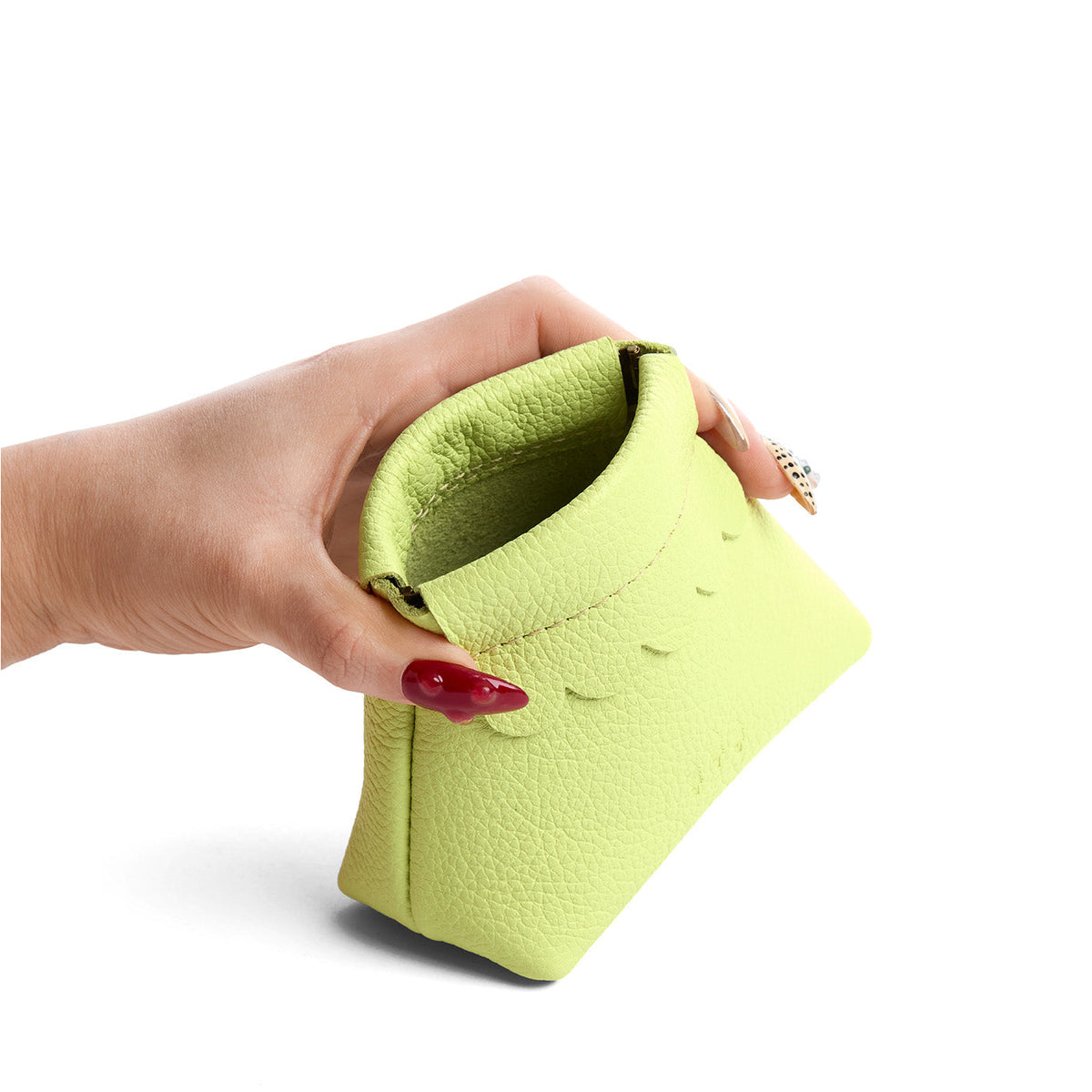 Shadow Lime | Leather coin pouch with scalloped edge and three Portland leather tree emblems