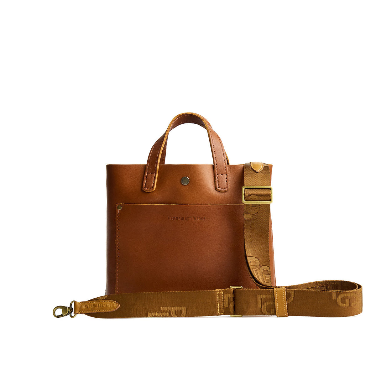 Maple | Yellow strap with repeating PLG letter pattern and brass-toned hardware