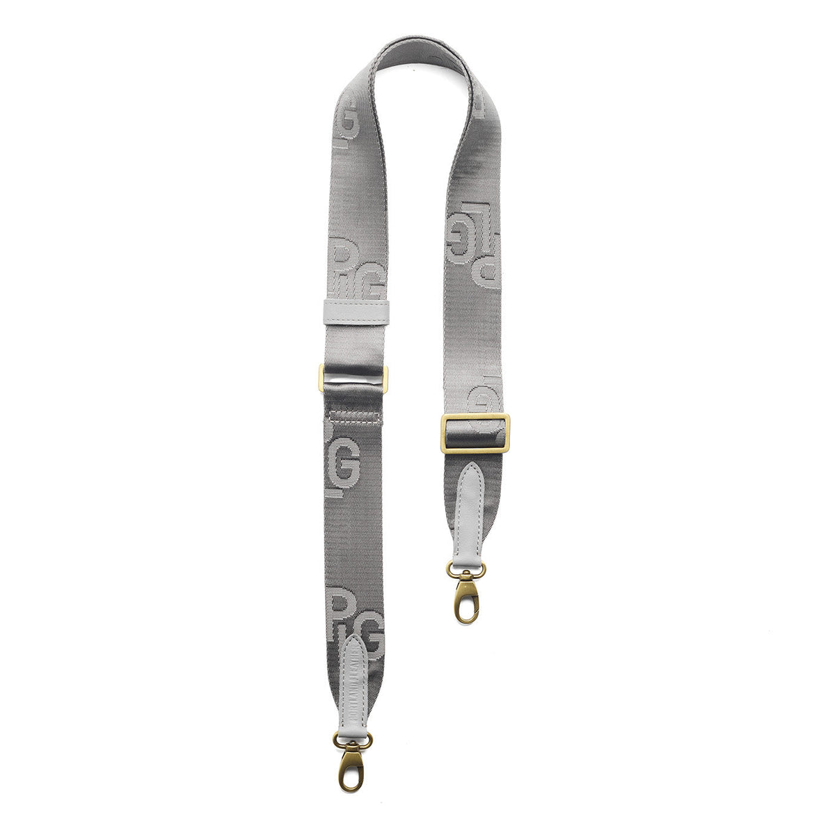 Stone Mist | Grey strap with repeating PLG letter pattern and brass-toned hardware
