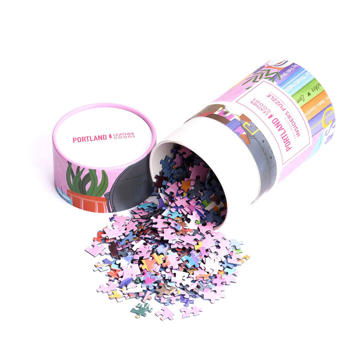 Colorful packaging of a puzzle with 'Portland Leather Goods' branding