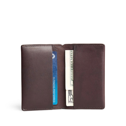 Trailstone | Leather bifold card holder wallet open with card and cash inside