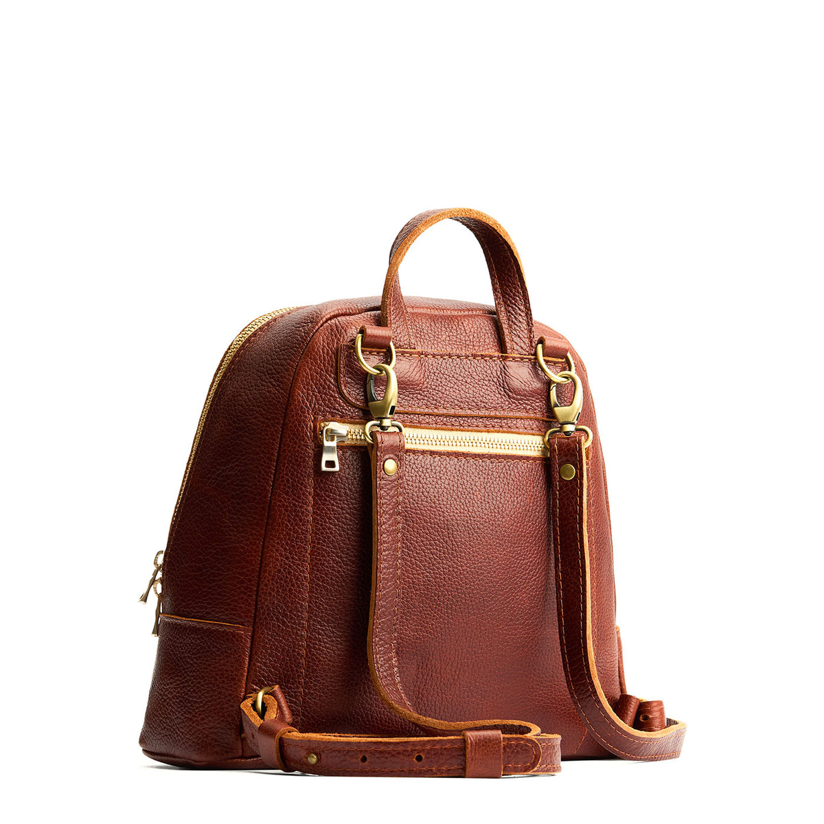 Nutmeg | Leather backpack with debossed Portland Leather logo on front, with zipper closure and straps with lobster clasps