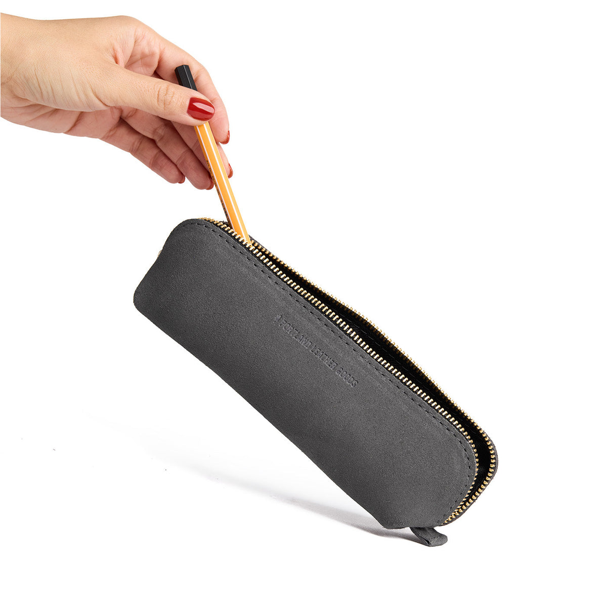 Smoke Grey | Leather pouch with curved seams and top zipper