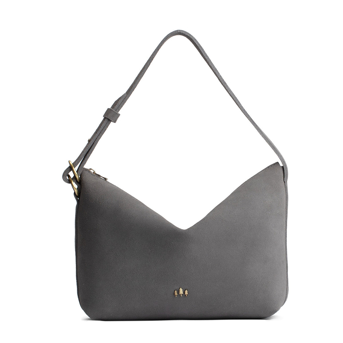 Smoke Grey*Large | Medium sized slouchy leather shoulder bag with zipper opening and three metal tree emblems