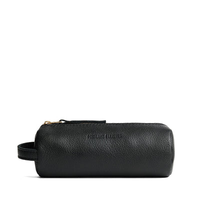 Pebbled--black | Cylindrical leather pouch with zipper and handle