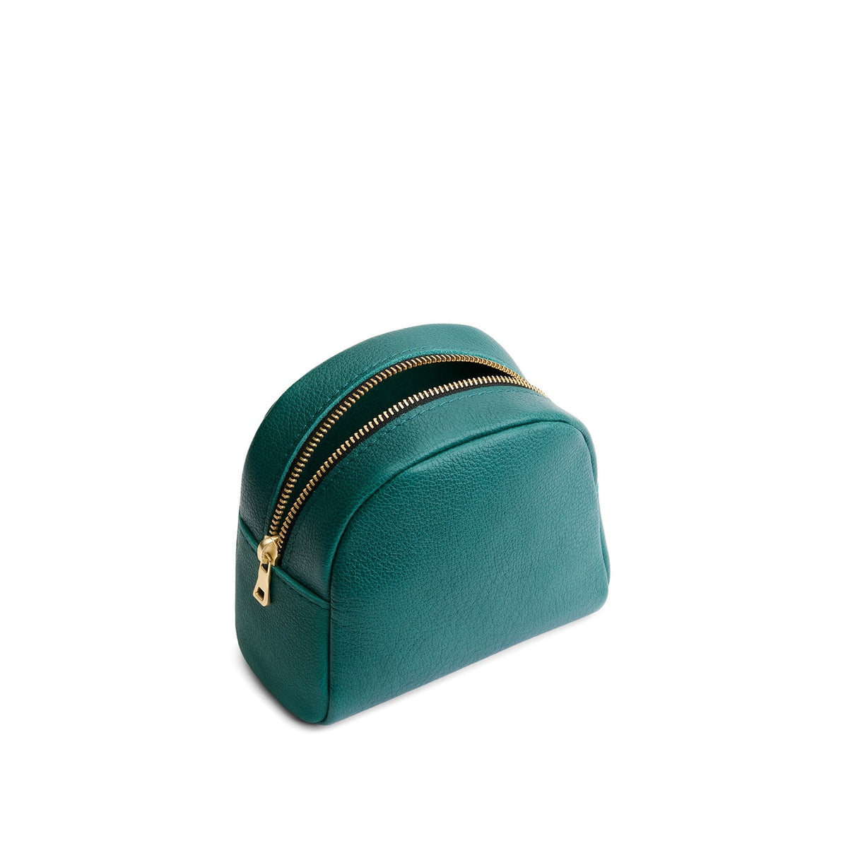 Sea Glass | Curved top leather pouch with zipper opening, flat base, and three metal tree emblems in front