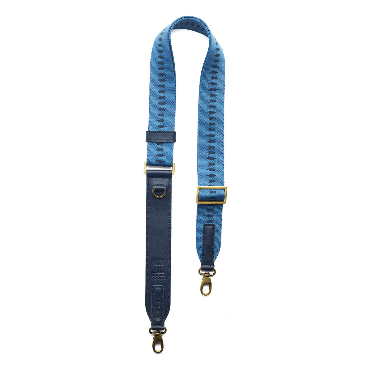 Fog Lake | Blue strap with repeating tree pattern and brass-toned hardware