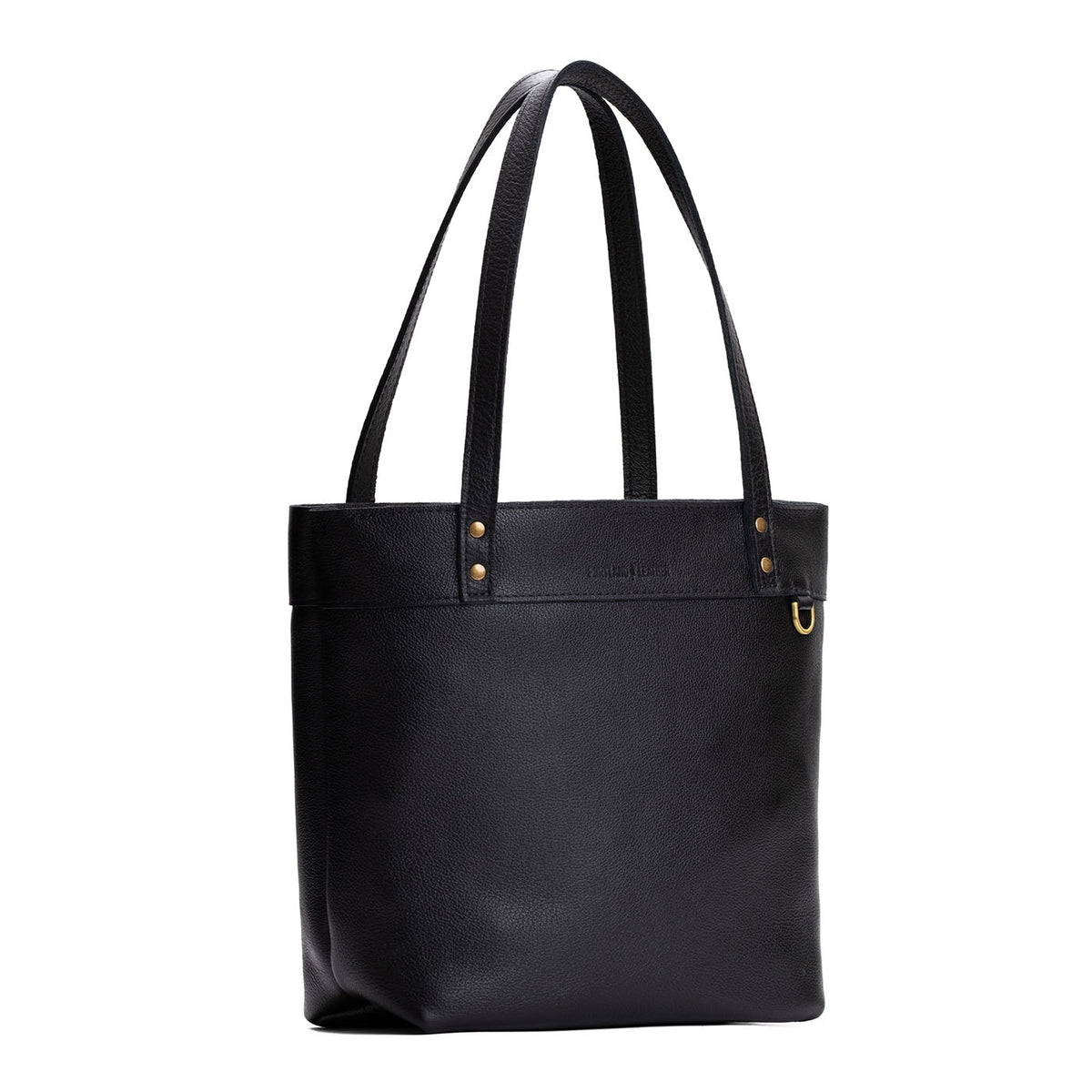 Pebbled--black*Medium*Zipper | Model wearing leather tote bag with riveted straps and exterior key loop
