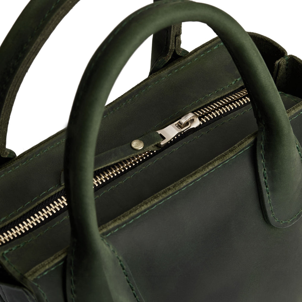 Evergreen*ANY*Zipper | Petite tote purse with structured leather handles and crossbody strap